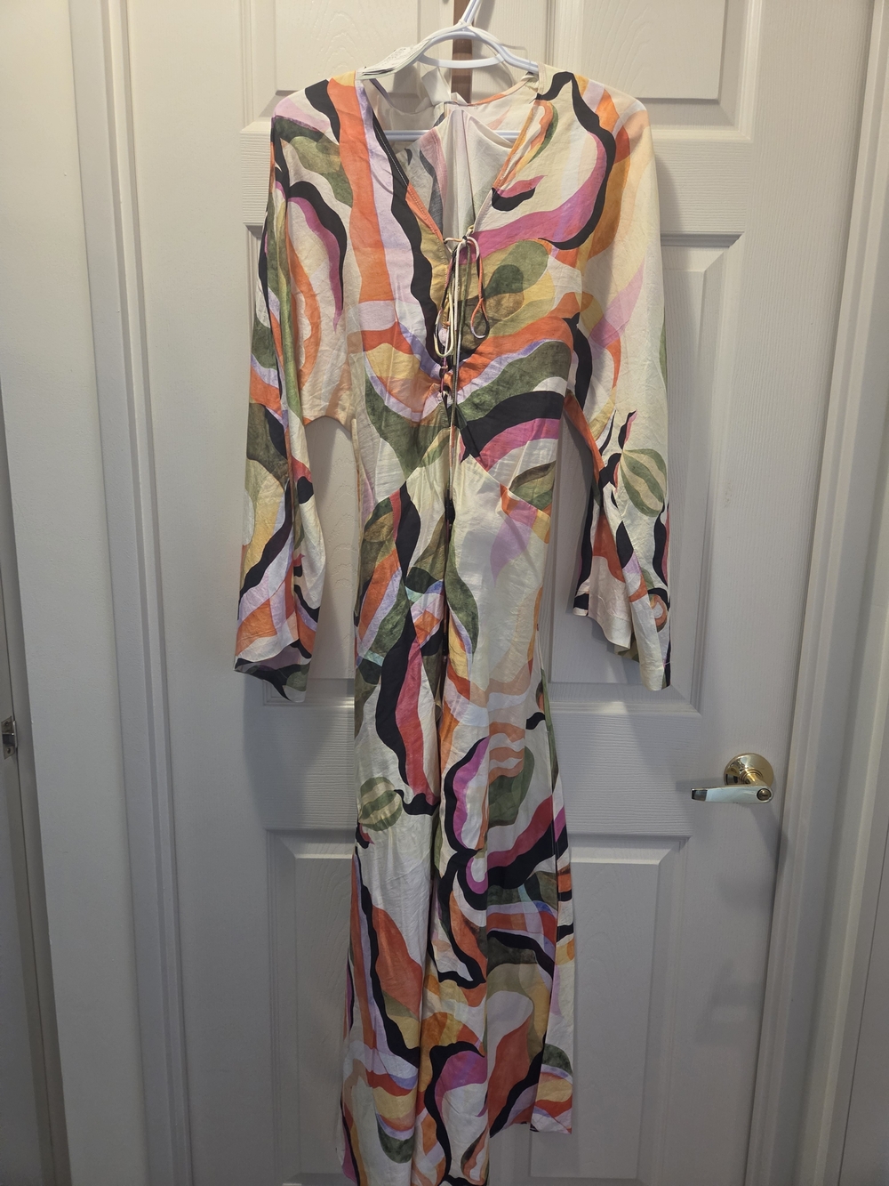 Abstract Wave Print Long Sleeve Maxi Dress - Multicolor
